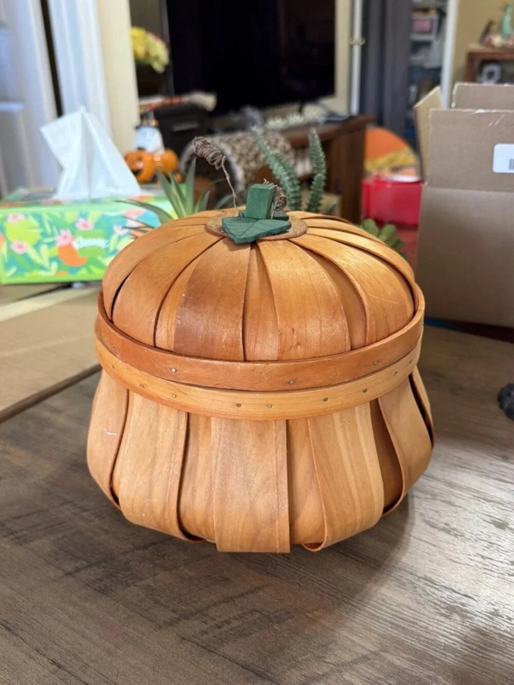 Orange Wooden Pumpkin Bushel Style Basket with Cover